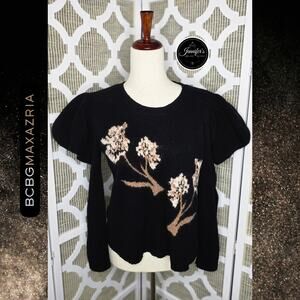 BCBGMaxAzria Black Iris Wool Blend Floral Puff Long Sleeves Sweater Size L
